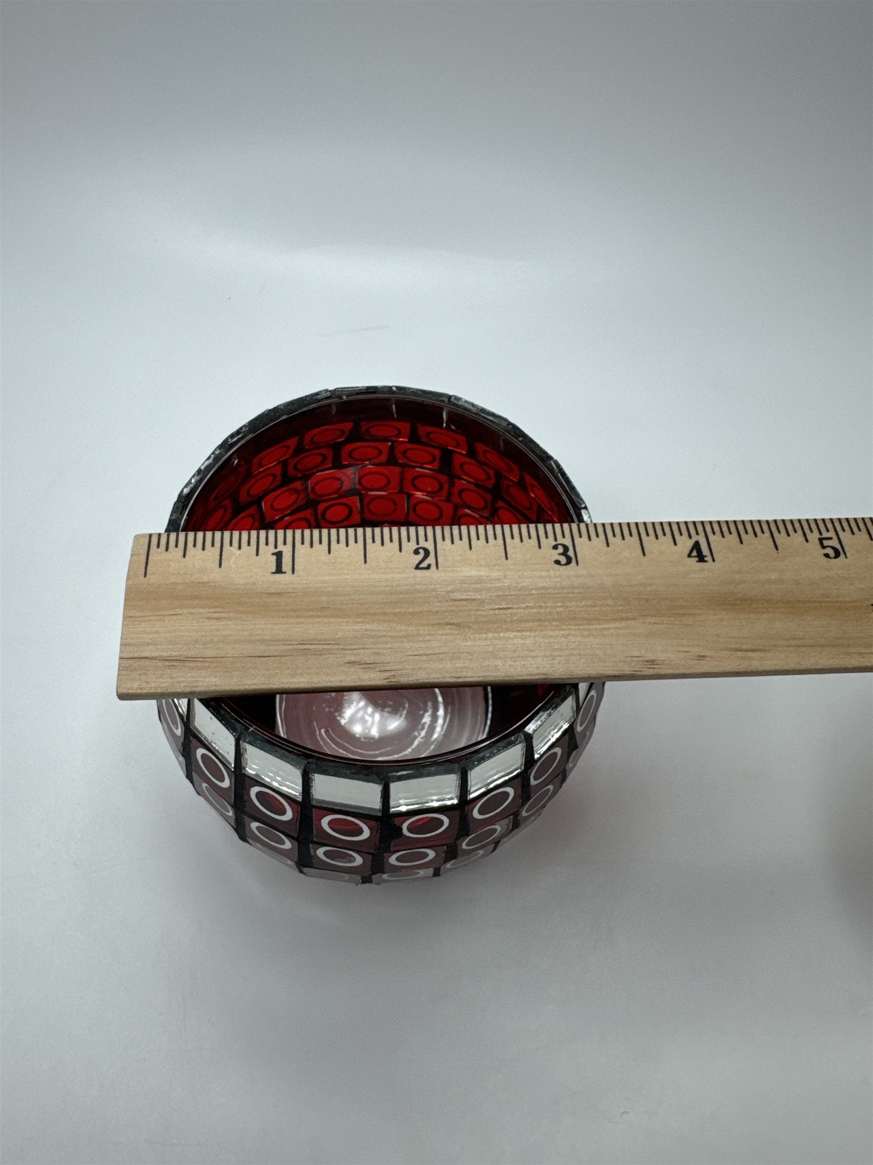 Glass Mosaic Red and Mirror Circles Candle Holder Home Decor 3.5" x 3.25"