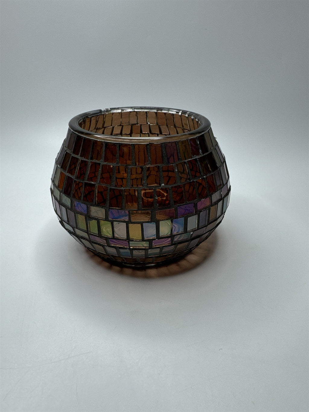 Glass Mosaic Brown Rainbow Haze Candle Holder Home Decor 3.5" x 3.25" Chips
