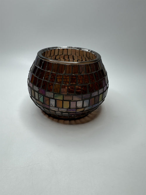 Glass Mosaic Brown Rainbow Haze Candle Holder Home Decor 3.5" x 3.25" Chips