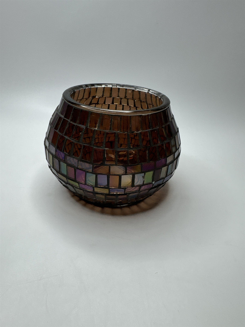 Glass Mosaic Brown Rainbow Haze Candle Holder Home Decor 3.5" x 3.25" Chips