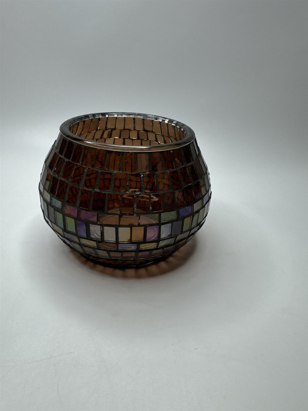 Glass Mosaic Brown Rainbow Haze Candle Holder Home Decor 3.5" x 3.25" Chips
