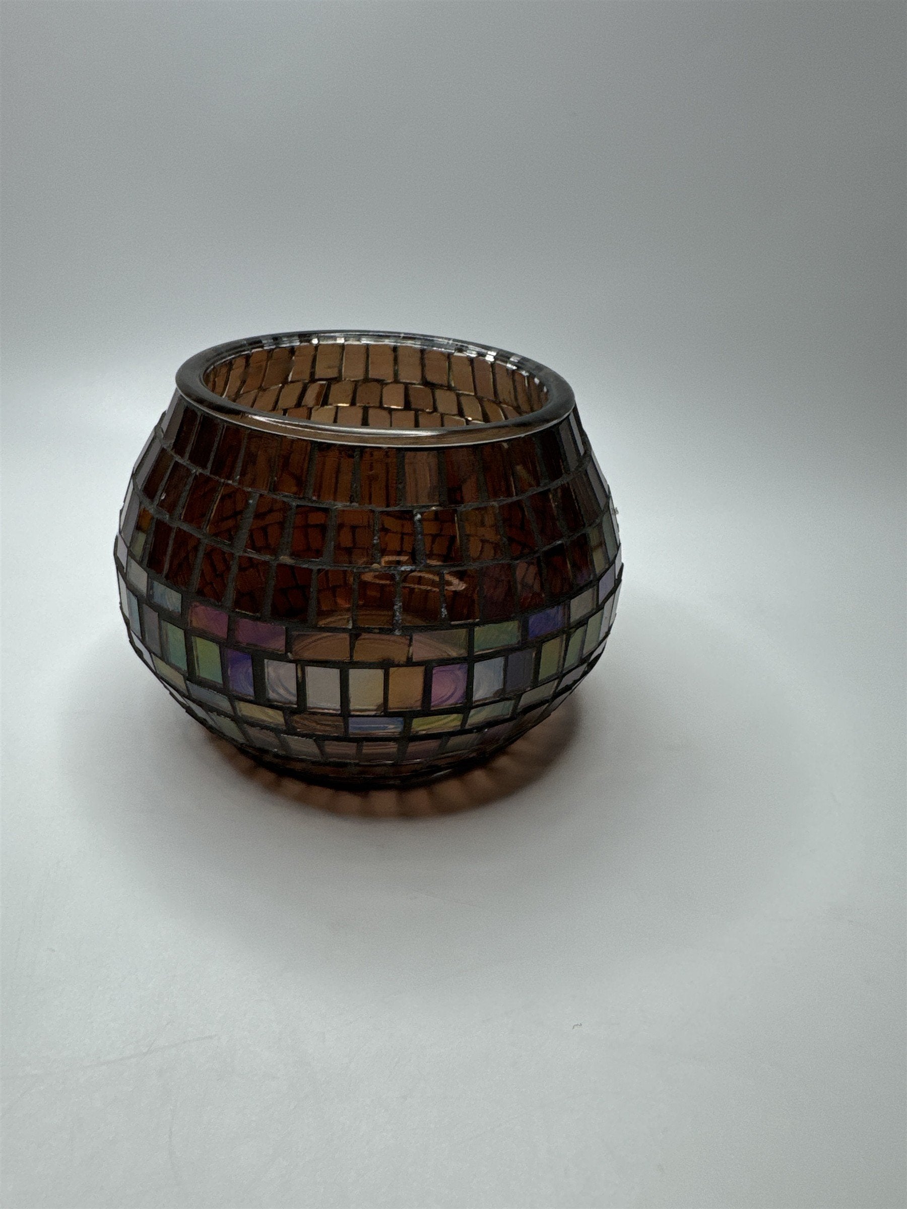 Glass Mosaic Brown Rainbow Haze Candle Holder Home Decor 3.5" x 3.25" Chips