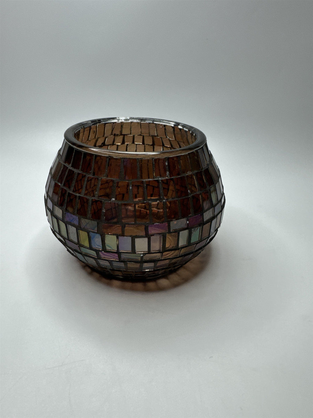 Glass Mosaic Brown Rainbow Haze Candle Holder Home Decor 3.5" x 3.25" Chips