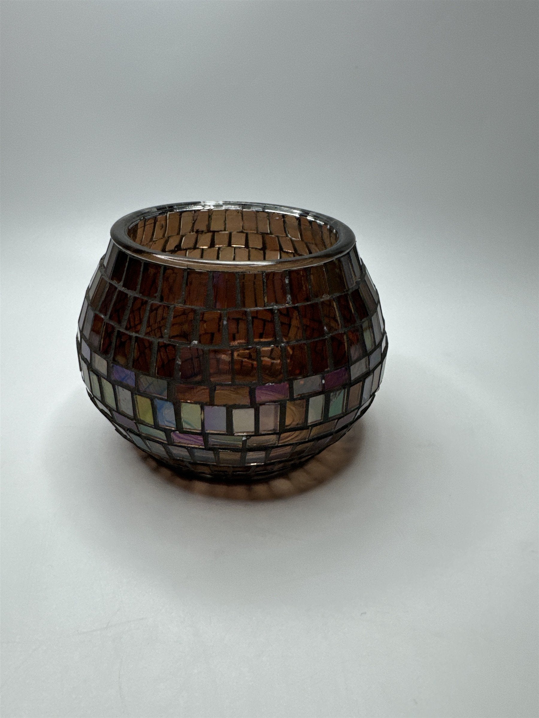 Glass Mosaic Brown Rainbow Haze Candle Holder Home Decor 3.5" x 3.25" Chips