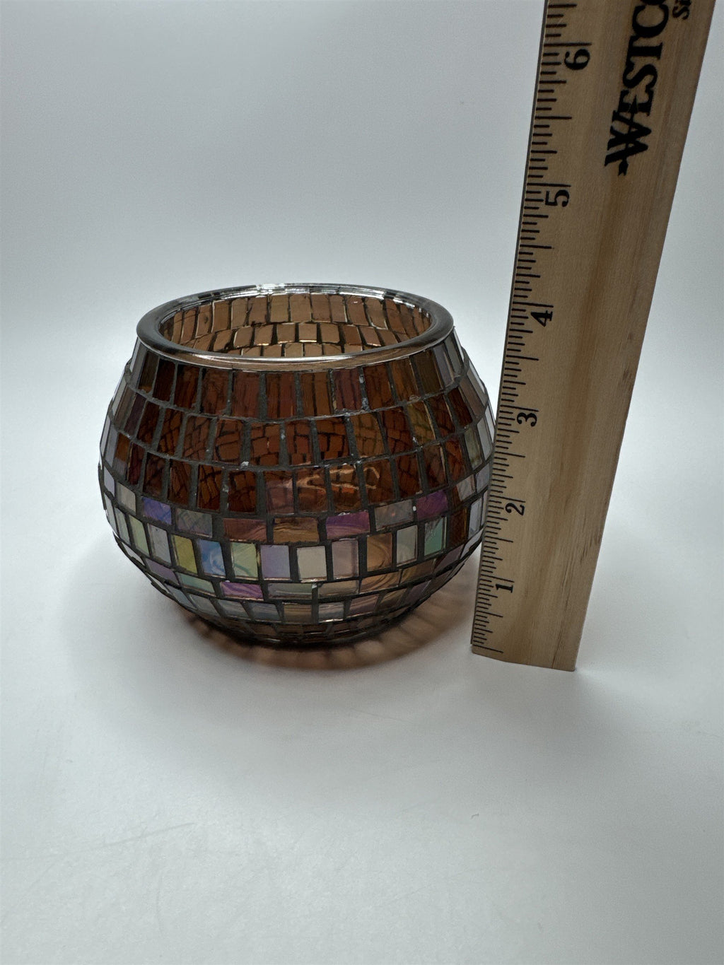 Glass Mosaic Brown Rainbow Haze Candle Holder Home Decor 3.5" x 3.25" Chips