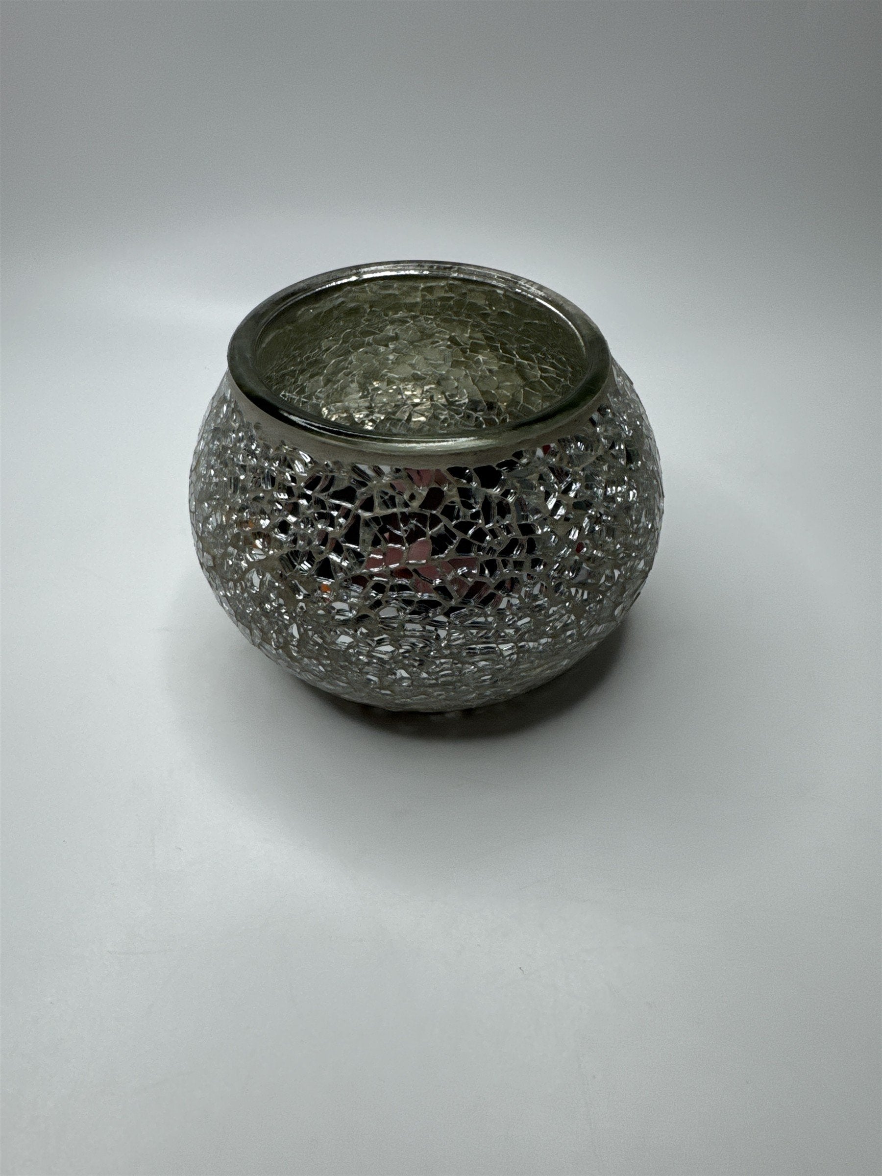 Glass Silver Mirrored Crackled Glass Candle Holder Home Decor 3.5" x 3.25"