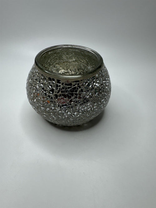 Glass Silver Mirrored Crackled Glass Candle Holder Home Decor 3.5" x 3.25"