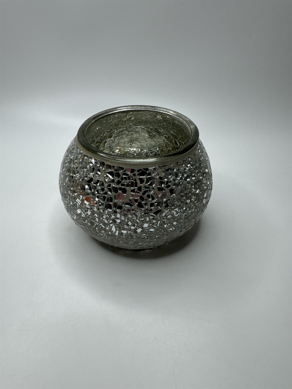 Glass Silver Mirrored Crackled Glass Candle Holder Home Decor 3.5" x 3.25"