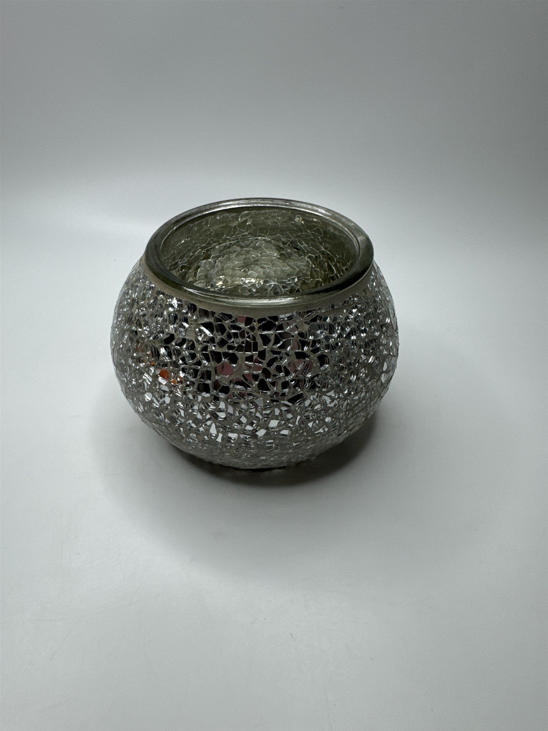 Glass Silver Mirrored Crackled Glass Candle Holder Home Decor 3.5" x 3.25"