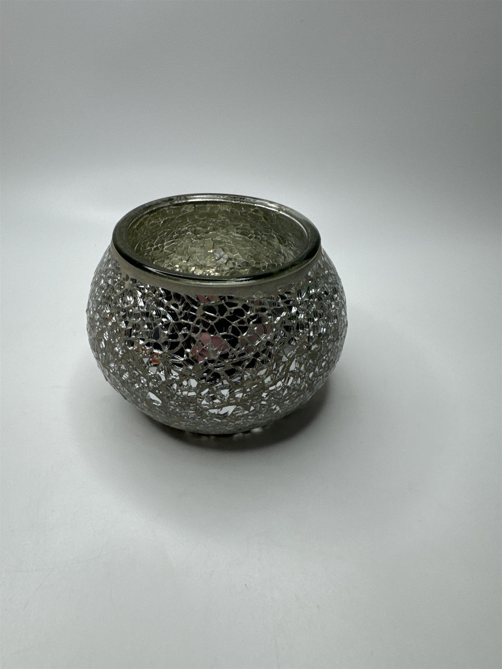 Glass Silver Mirrored Crackled Glass Candle Holder Home Decor 3.5" x 3.25"