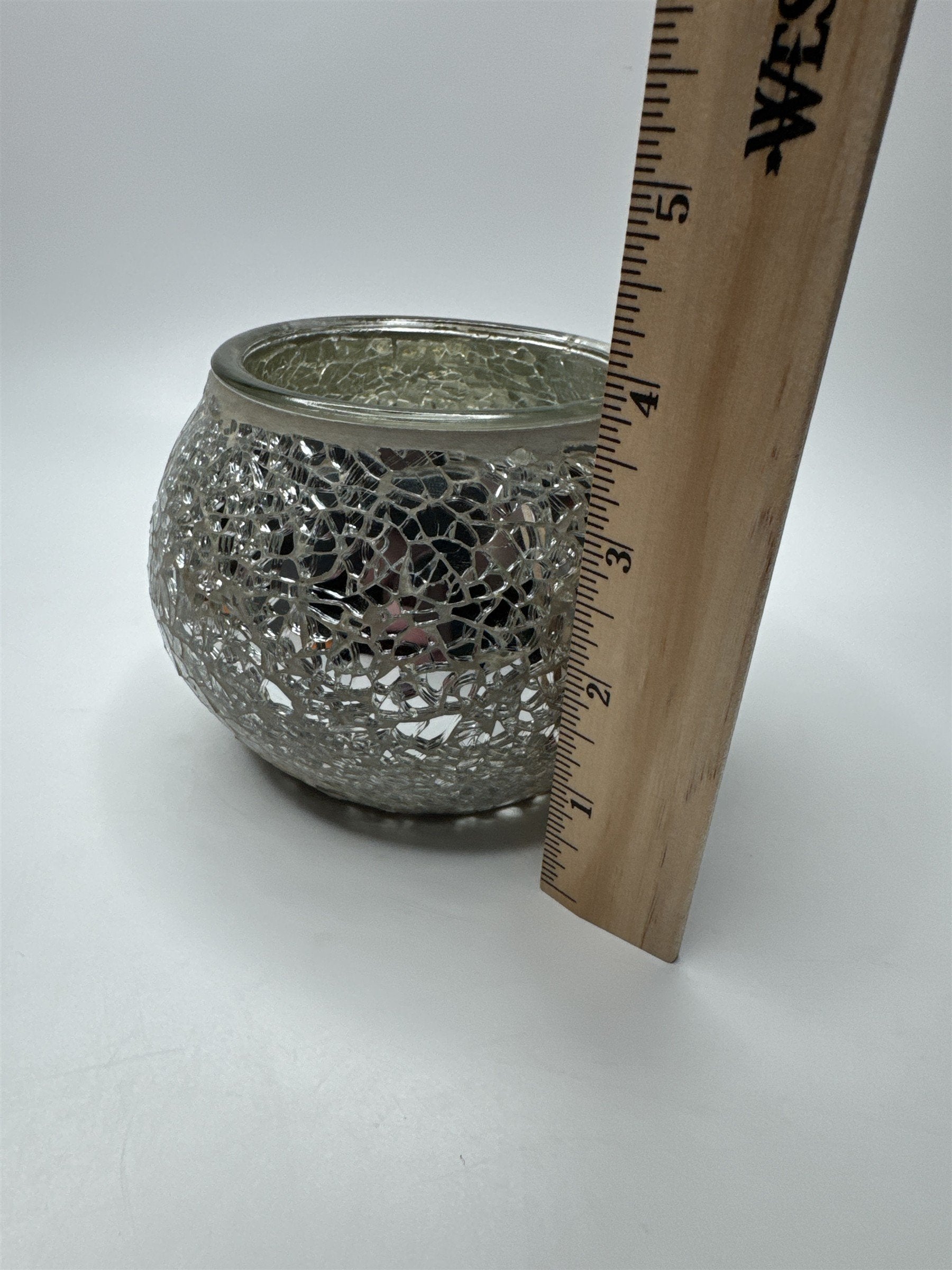 Glass Silver Mirrored Crackled Glass Candle Holder Home Decor 3.5" x 3.25"