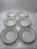6 Vintage Anchor Hocking Milk Glass Swirl Gold Rim Dessert/Berry Bowls