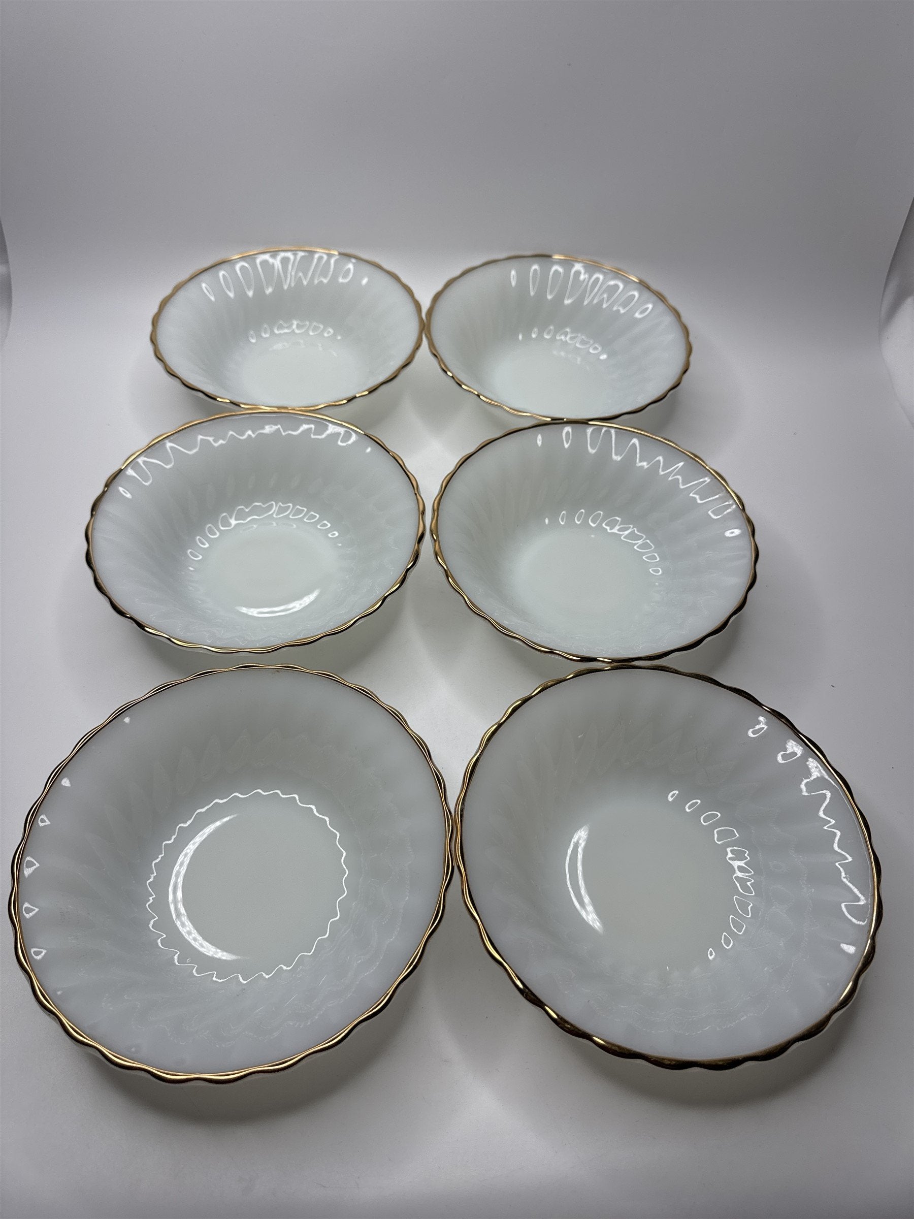 6 Vintage Anchor Hocking Milk Glass Swirl Gold Rim Dessert/Berry Bowls