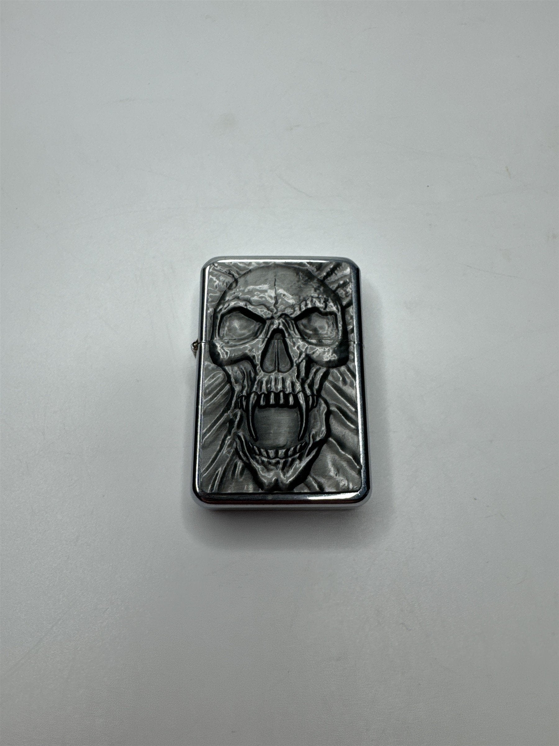 Vintage Screaming Vampire Skull Silver Toned Metal Flip Tock Flick Lighter