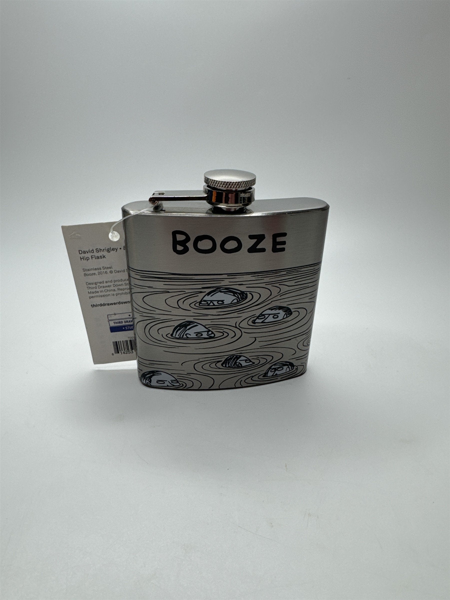 David Shrigley Booze Hip Flask Allover Pond Print Metal Flask Third Drawer Down