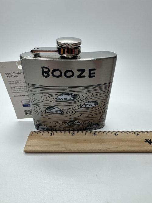 David Shrigley Booze Hip Flask Allover Pond Print Metal Flask Third Drawer Down
