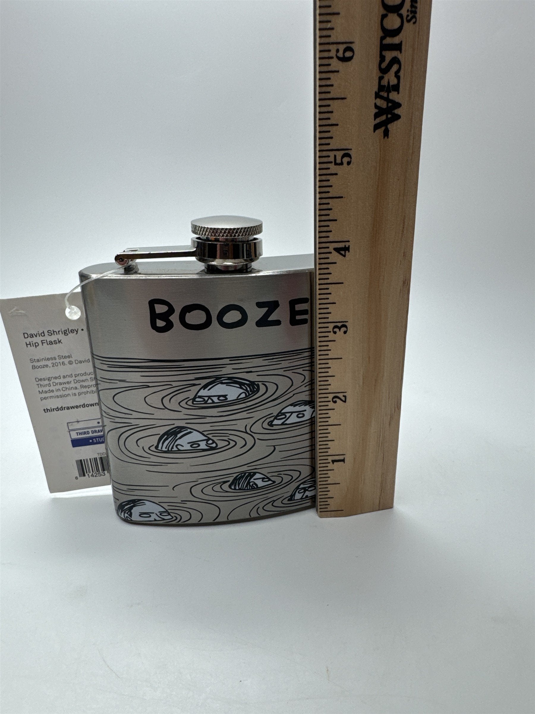 David Shrigley Booze Hip Flask Allover Pond Print Metal Flask Third Drawer Down