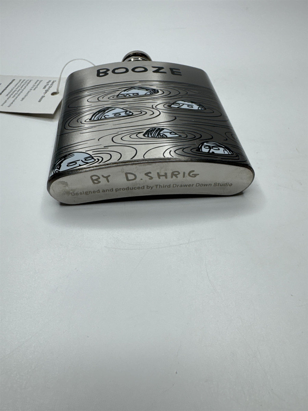 David Shrigley Booze Hip Flask Allover Pond Print Metal Flask Third Drawer Down