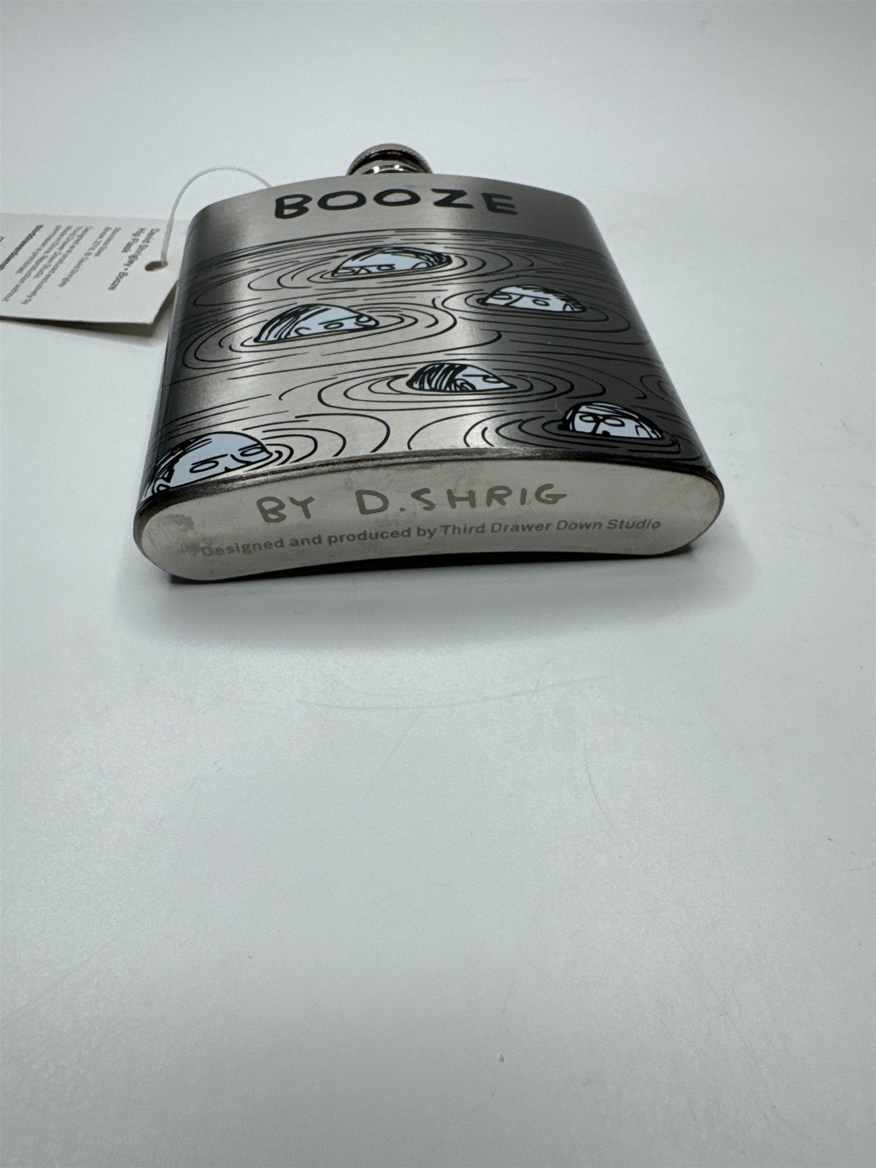 David Shrigley Booze Hip Flask Allover Pond Print Metal Flask Third Drawer Down