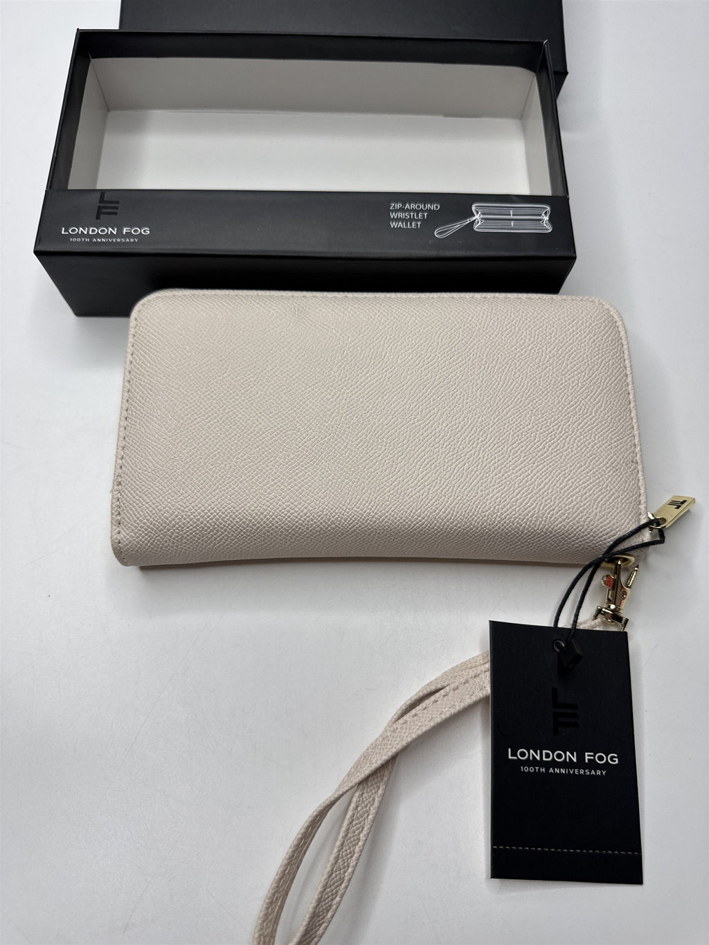 NWT London Fog Zip Around Wristlet Wallet Cream Caviar Color 100th Anniversary!