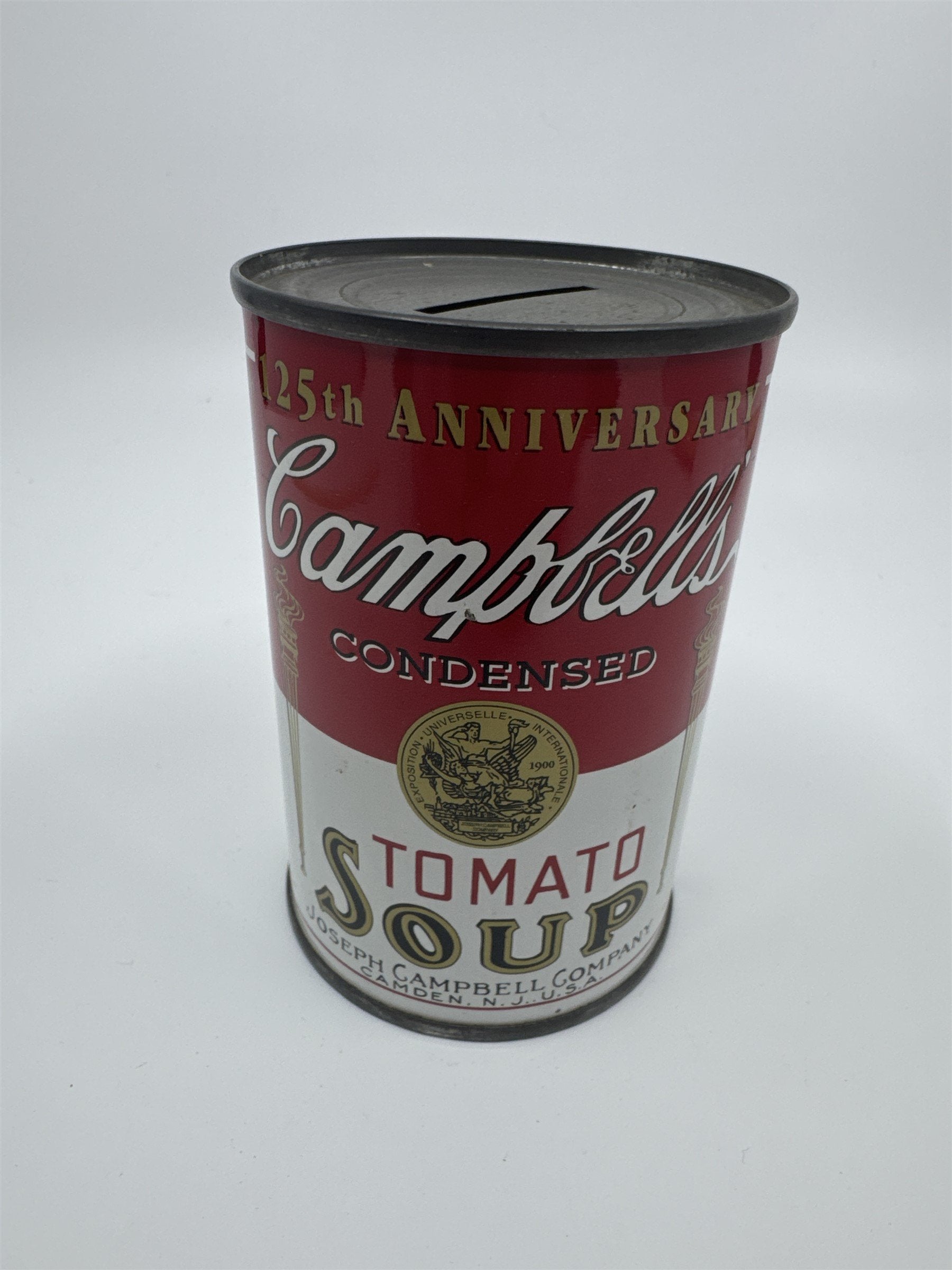 Vintage Campbell's Tomato Soup Coin Bank Tin Can 125th Anniversary