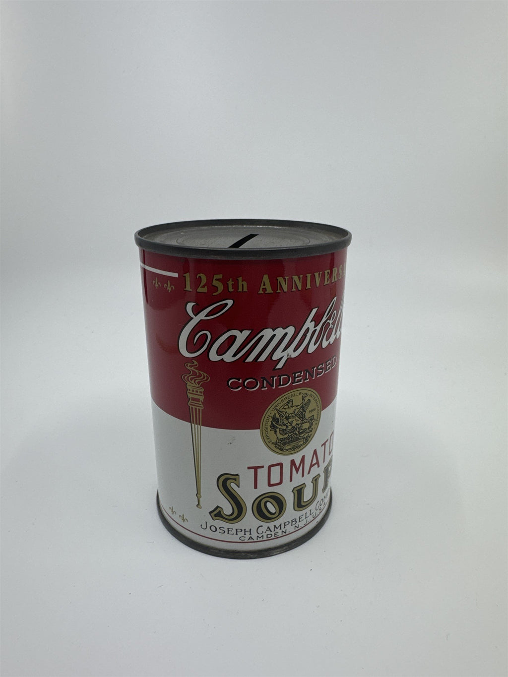 Vintage Campbell's Tomato Soup Coin Bank Tin Can 125th Anniversary