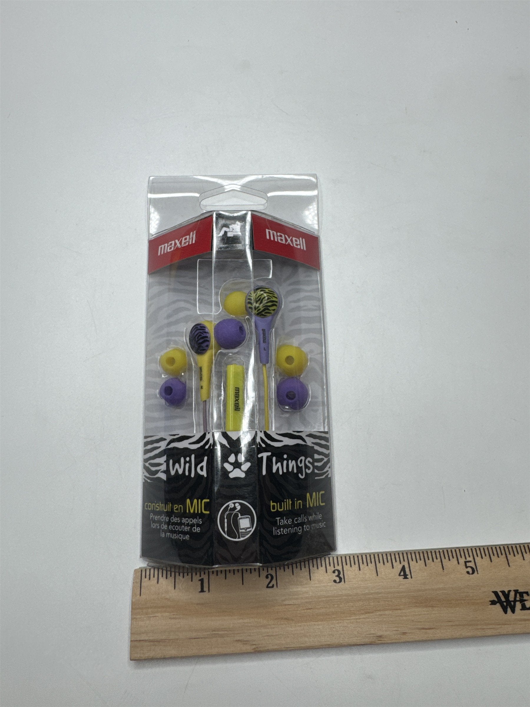 Maxell Wild Things Purple and Yellow Zebra Print Aux Ear Buds /w Built In Mic