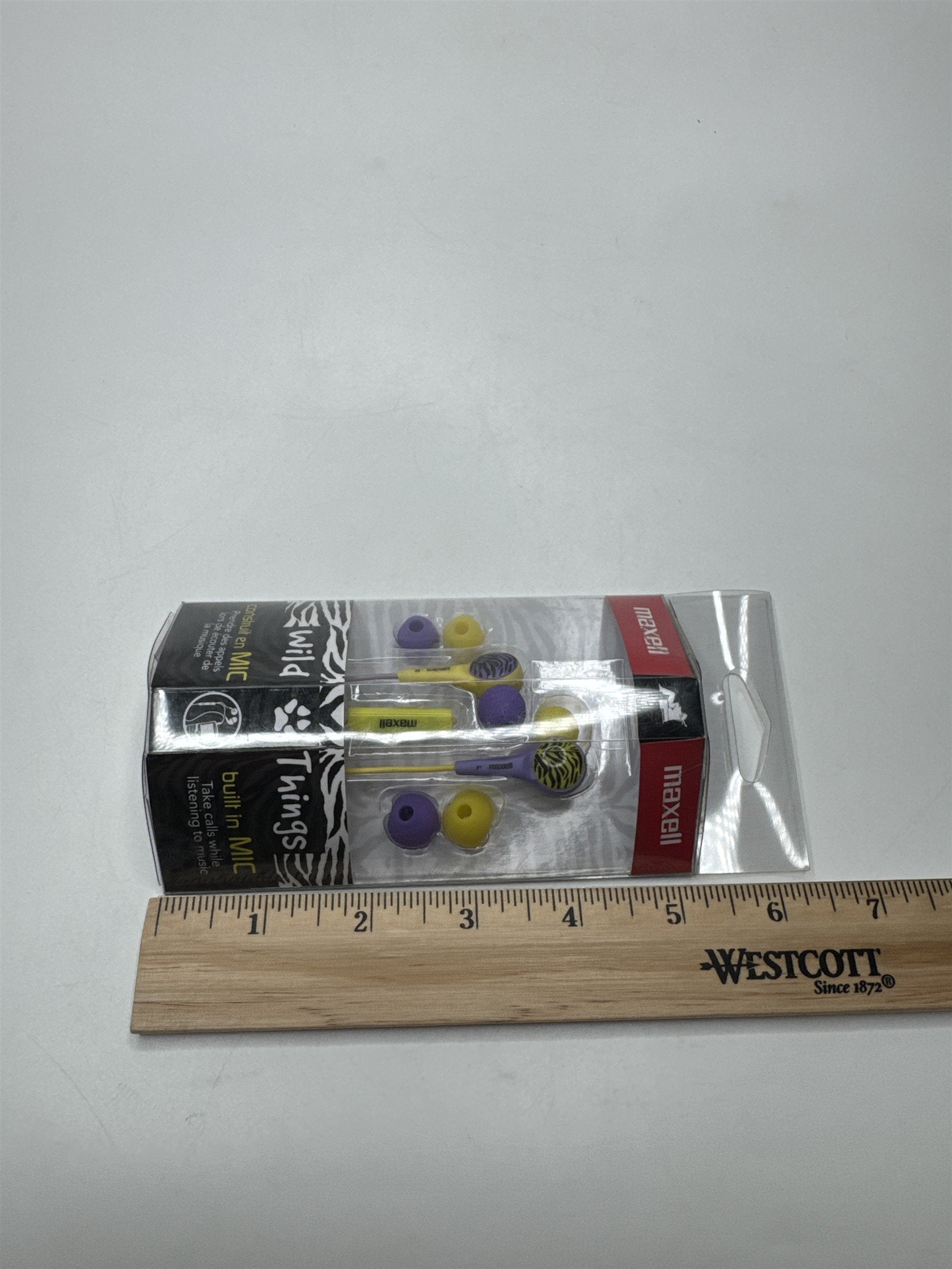 Maxell Wild Things Purple and Yellow Zebra Print Aux Ear Buds /w Built In Mic
