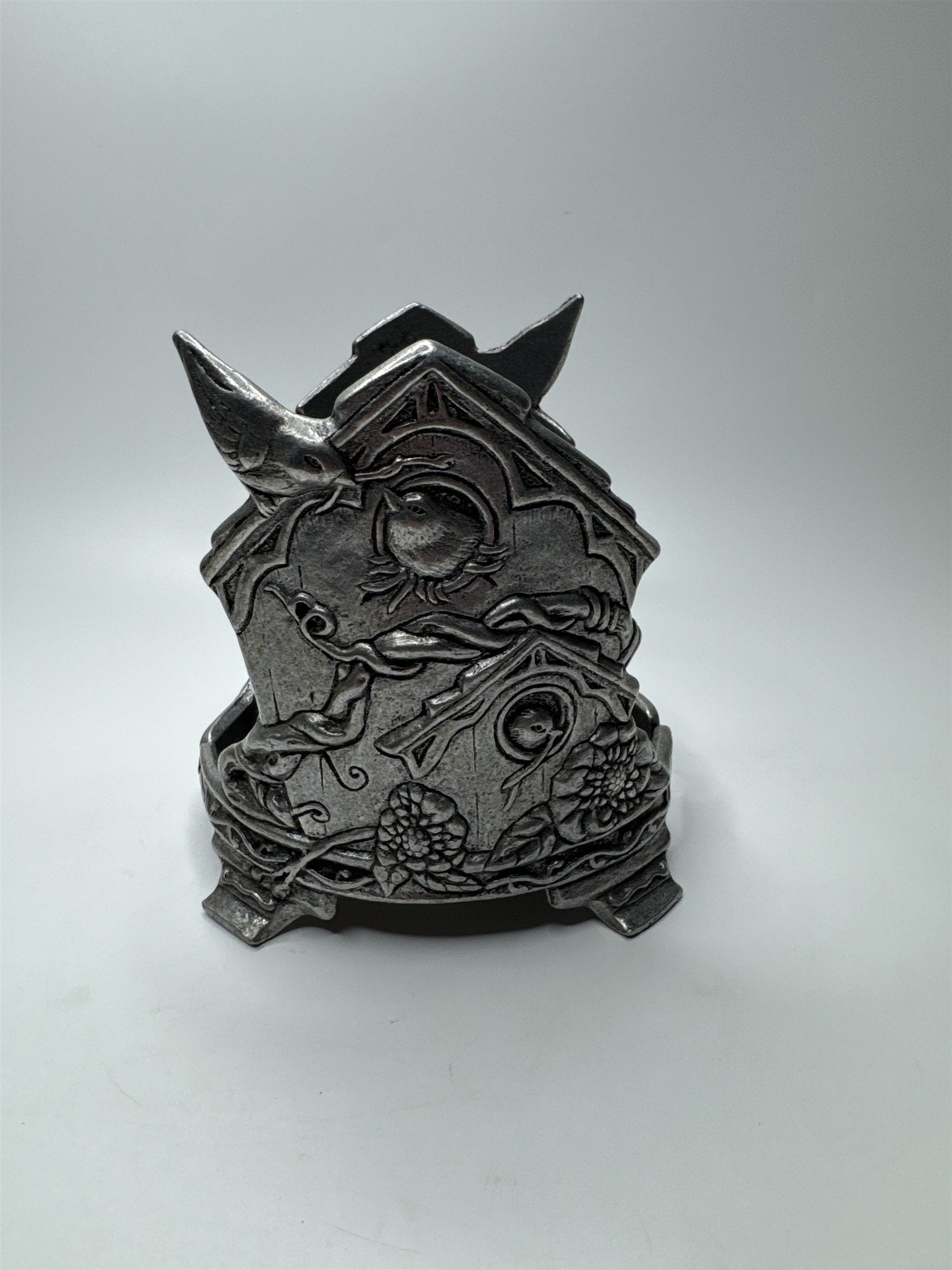 Vintage Metal Pewter Jar Candle Holder Birdhouse Vines Birds Flowers 1997 Carson