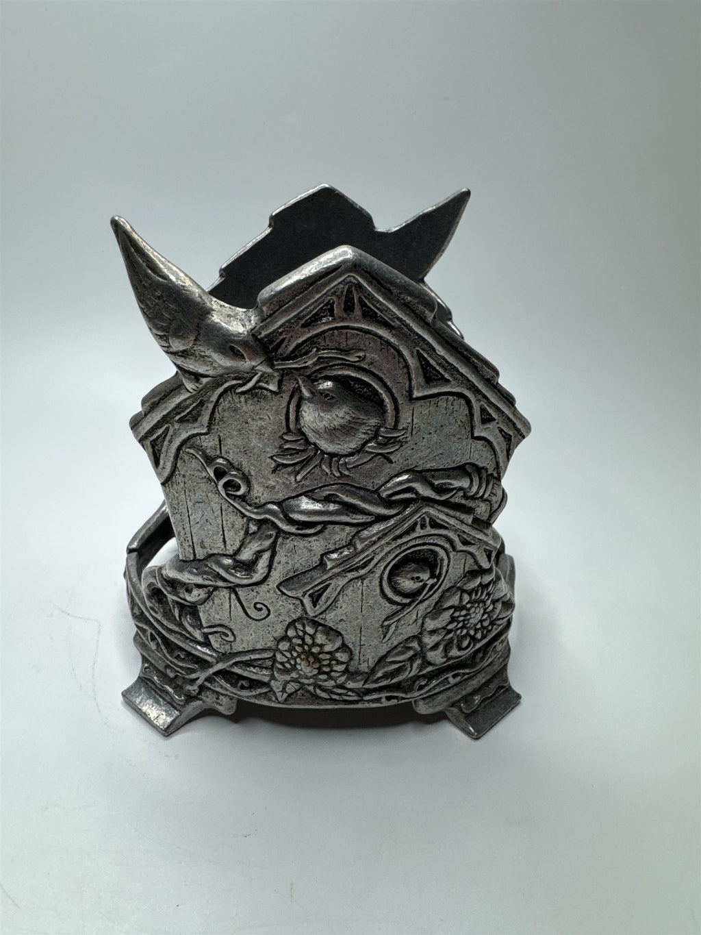Vintage Metal Pewter Jar Candle Holder Birdhouse Vines Birds Flowers 1997 Carson
