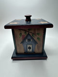 Vintage Wooden Painted Trinket Box With Lid Painted Box with Birdhouses/Stars