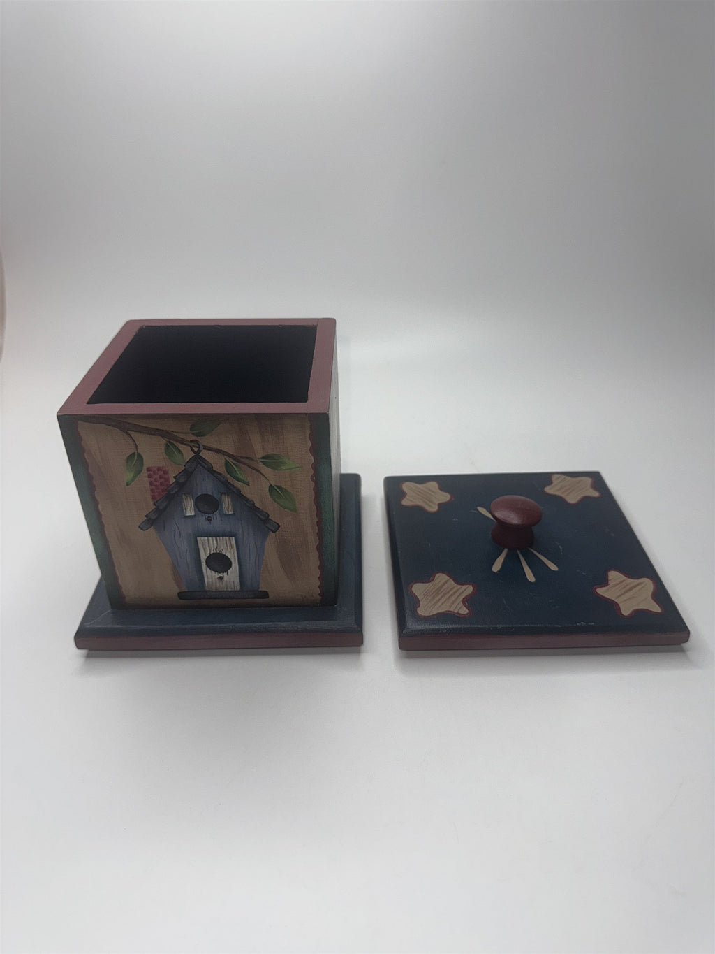 Vintage Wooden Painted Trinket Box With Lid Painted Box with Birdhouses/Stars