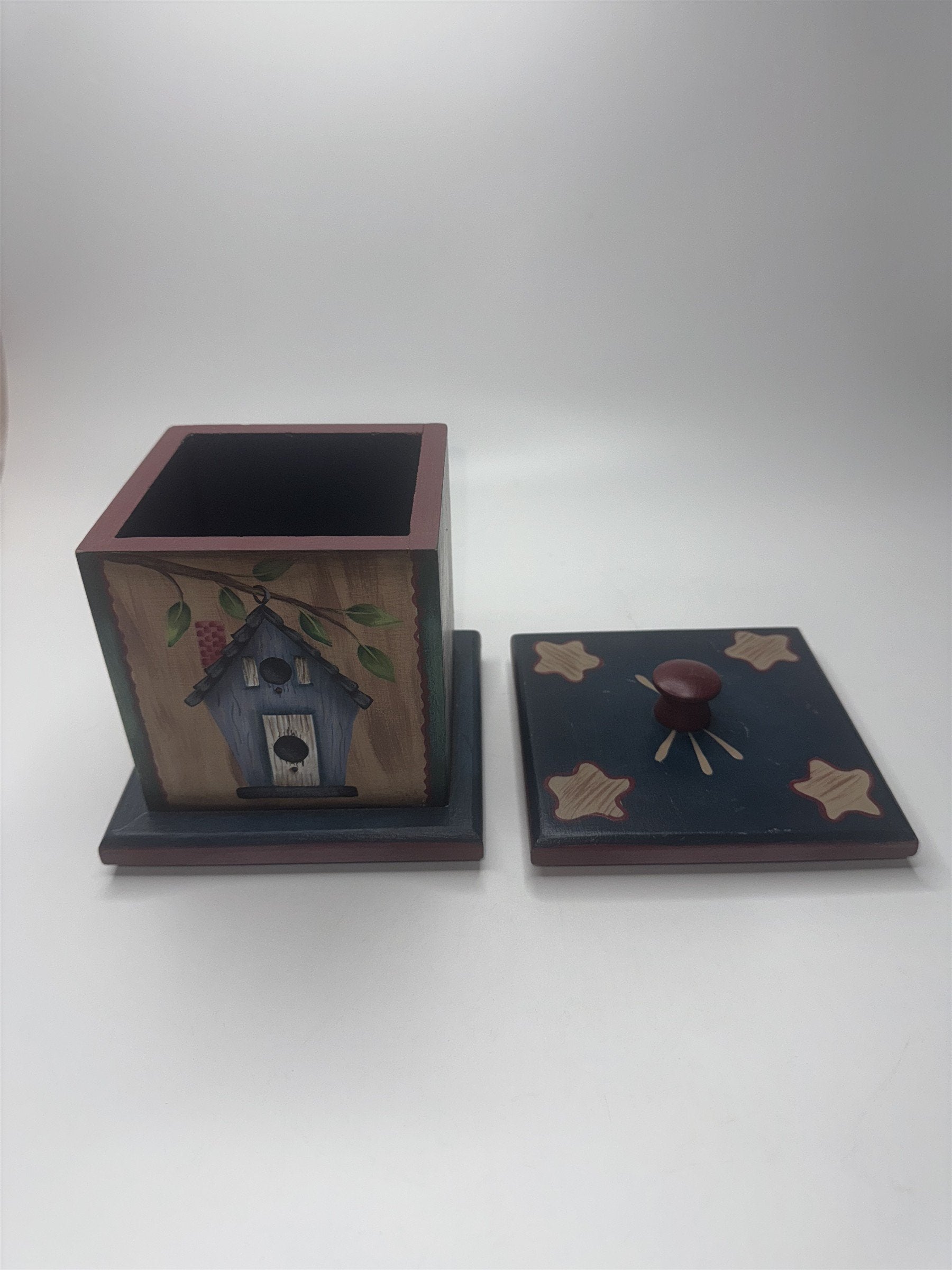 Vintage Wooden Painted Trinket Box With Lid Painted Box with Birdhouses/Stars