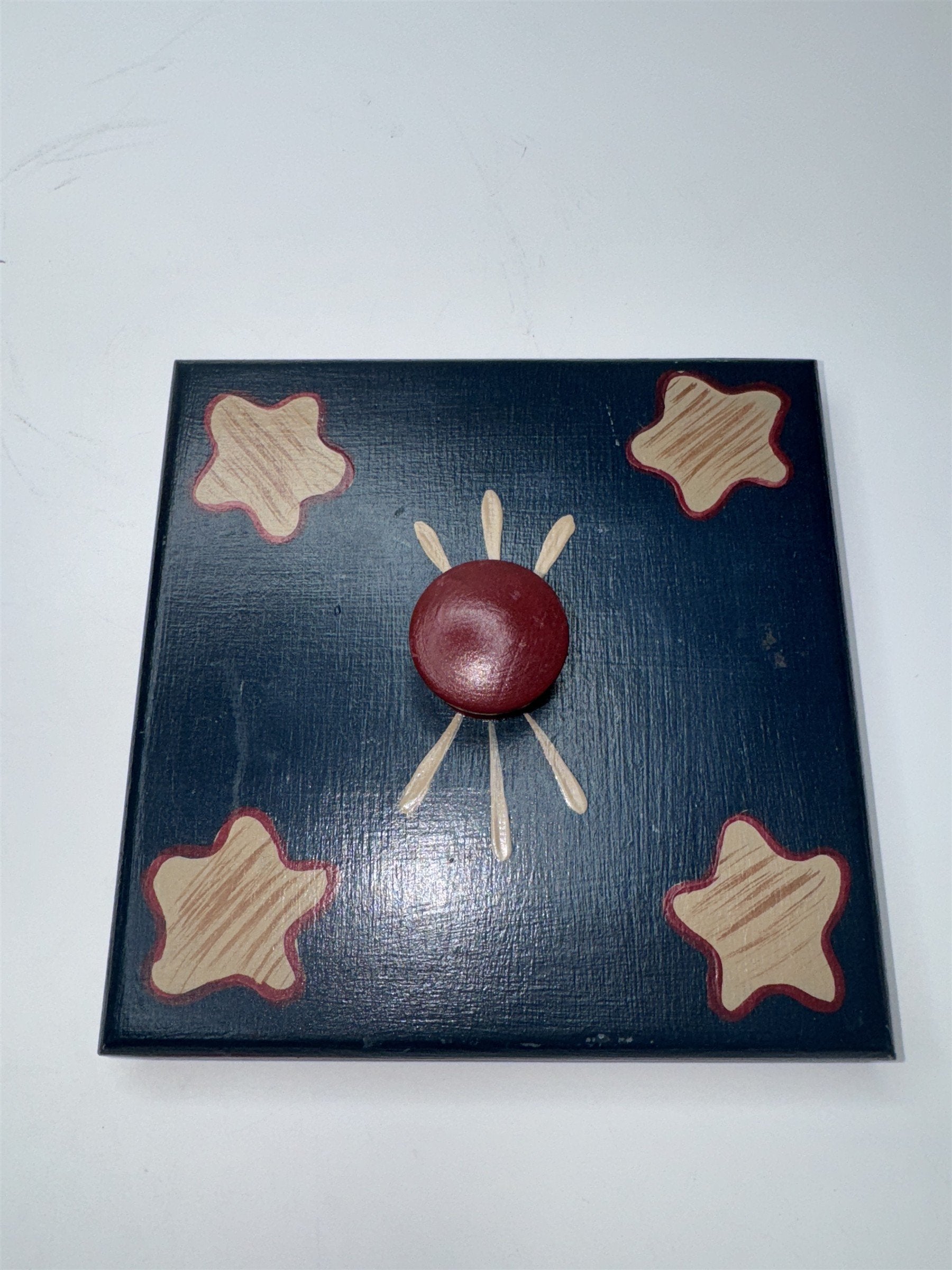 Vintage Wooden Painted Trinket Box With Lid Painted Box with Birdhouses/Stars