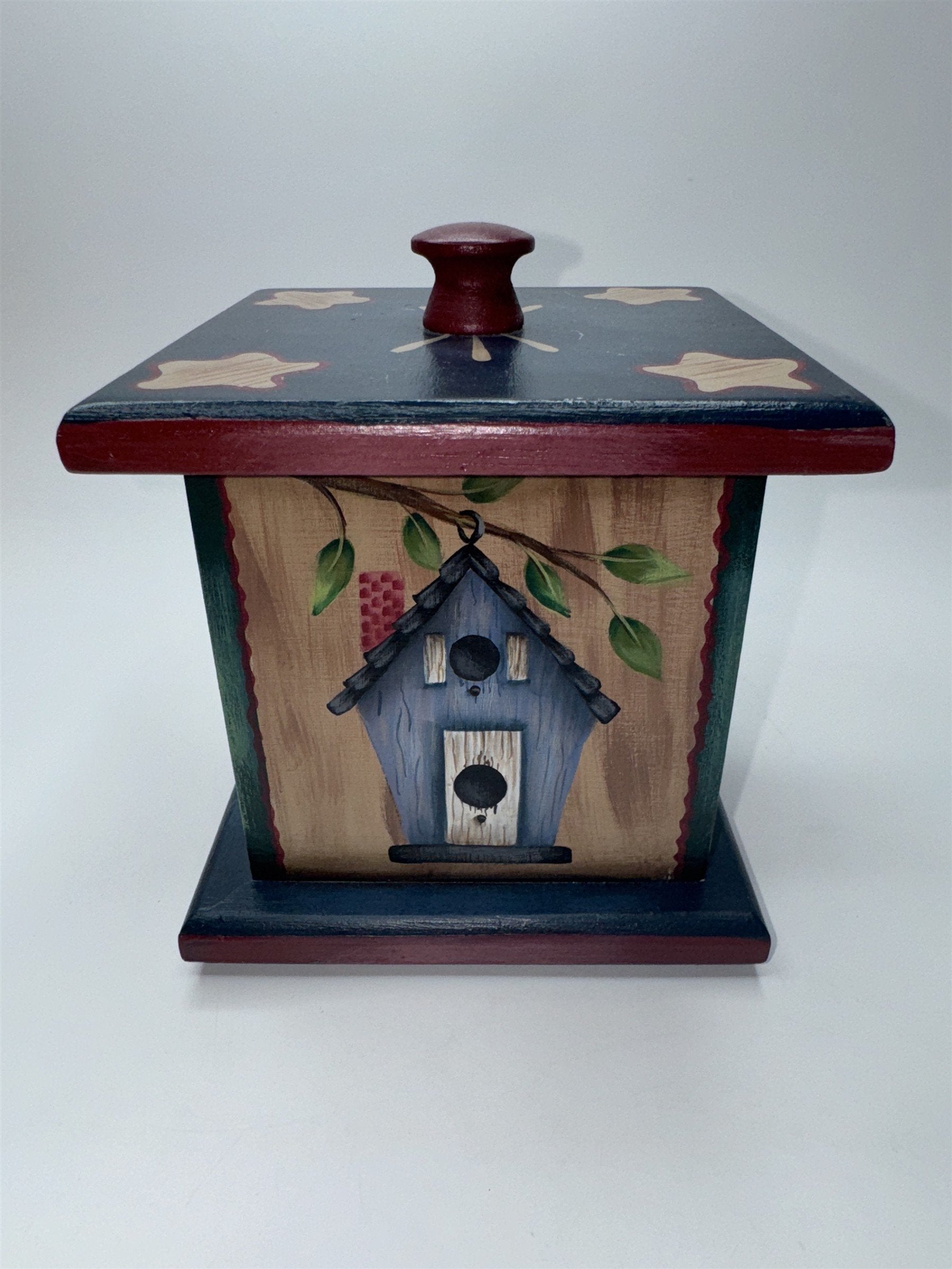Vintage Wooden Painted Trinket Box With Lid Painted Box with Birdhouses/Stars