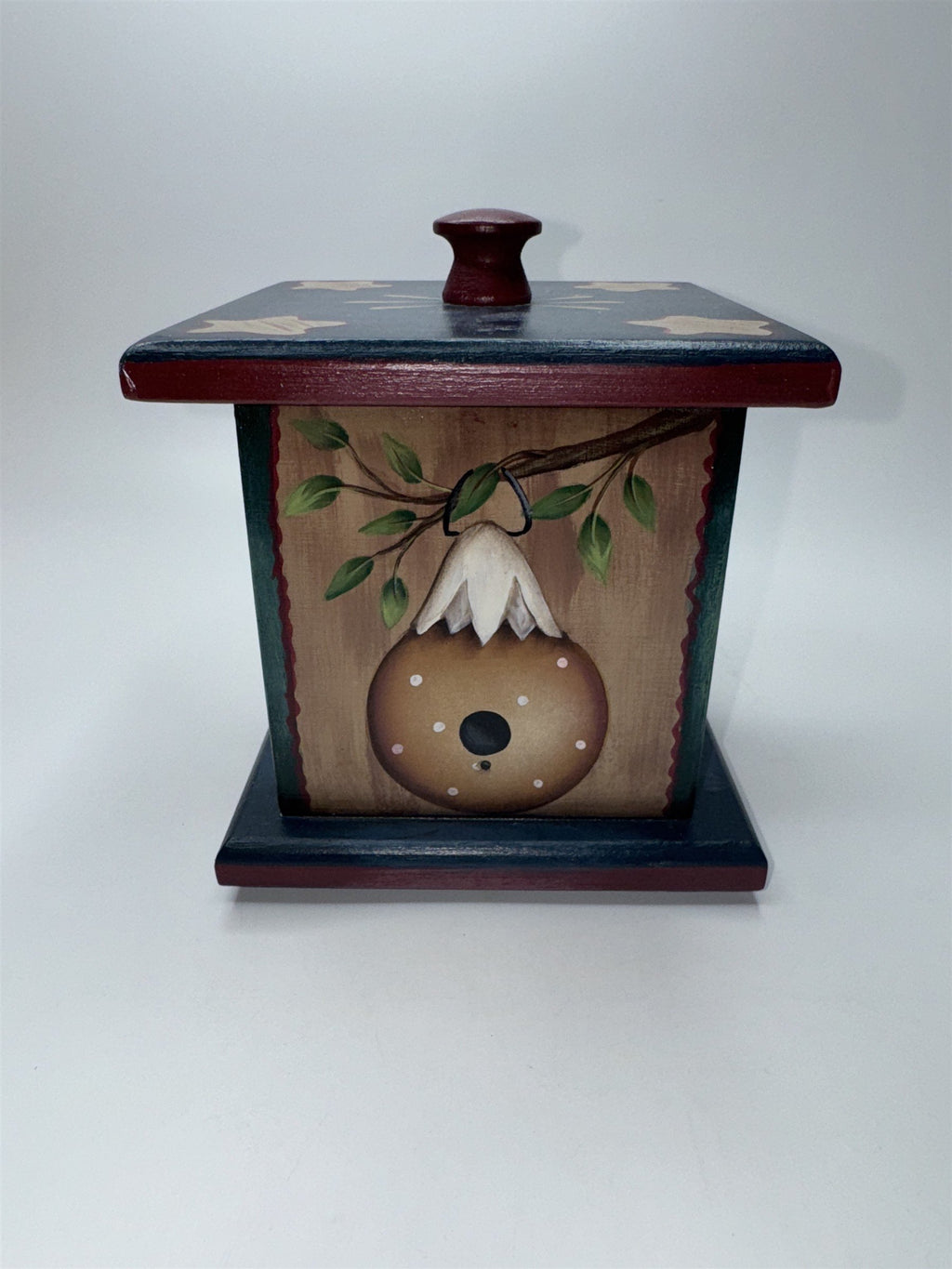 Vintage Wooden Painted Trinket Box With Lid Painted Box with Birdhouses/Stars