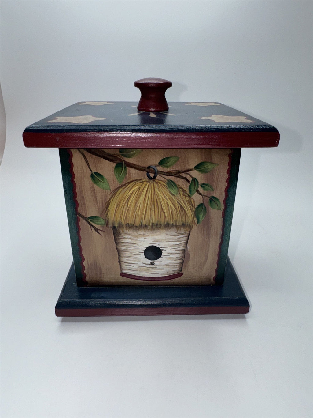 Vintage Wooden Painted Trinket Box With Lid Painted Box with Birdhouses/Stars