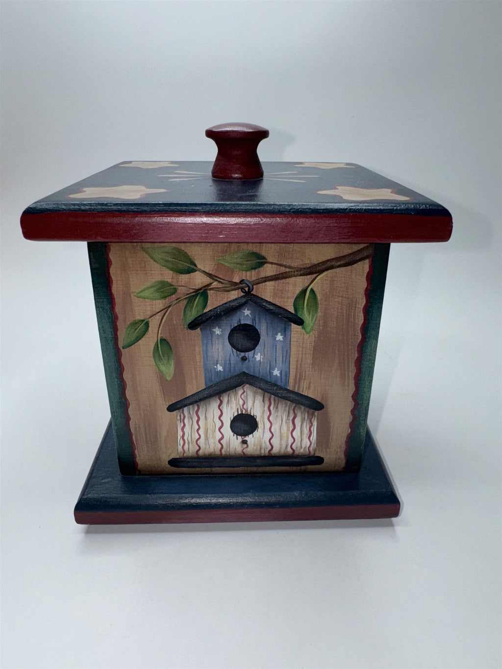 Vintage Wooden Painted Trinket Box With Lid Painted Box with Birdhouses/Stars