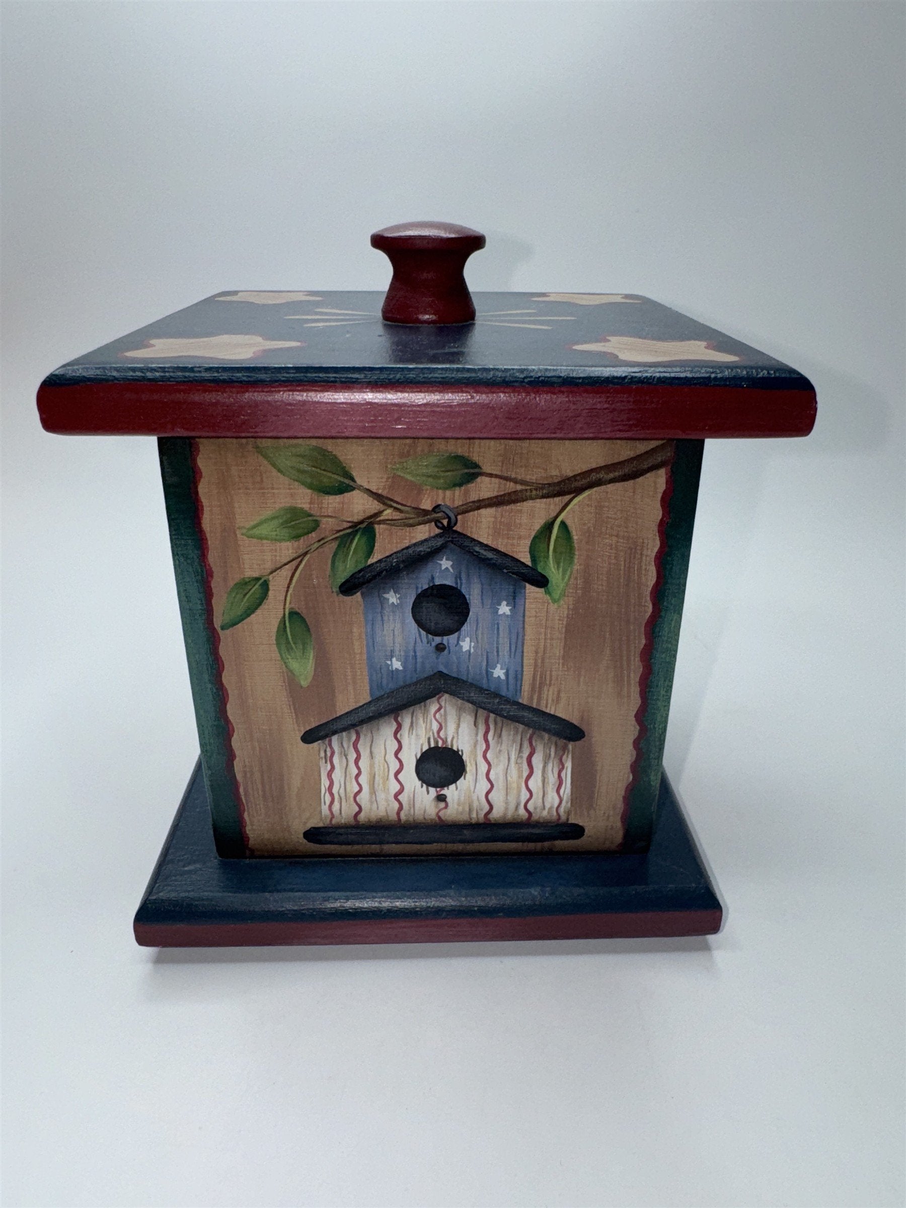 Vintage Wooden Painted Trinket Box With Lid Painted Box with Birdhouses/Stars