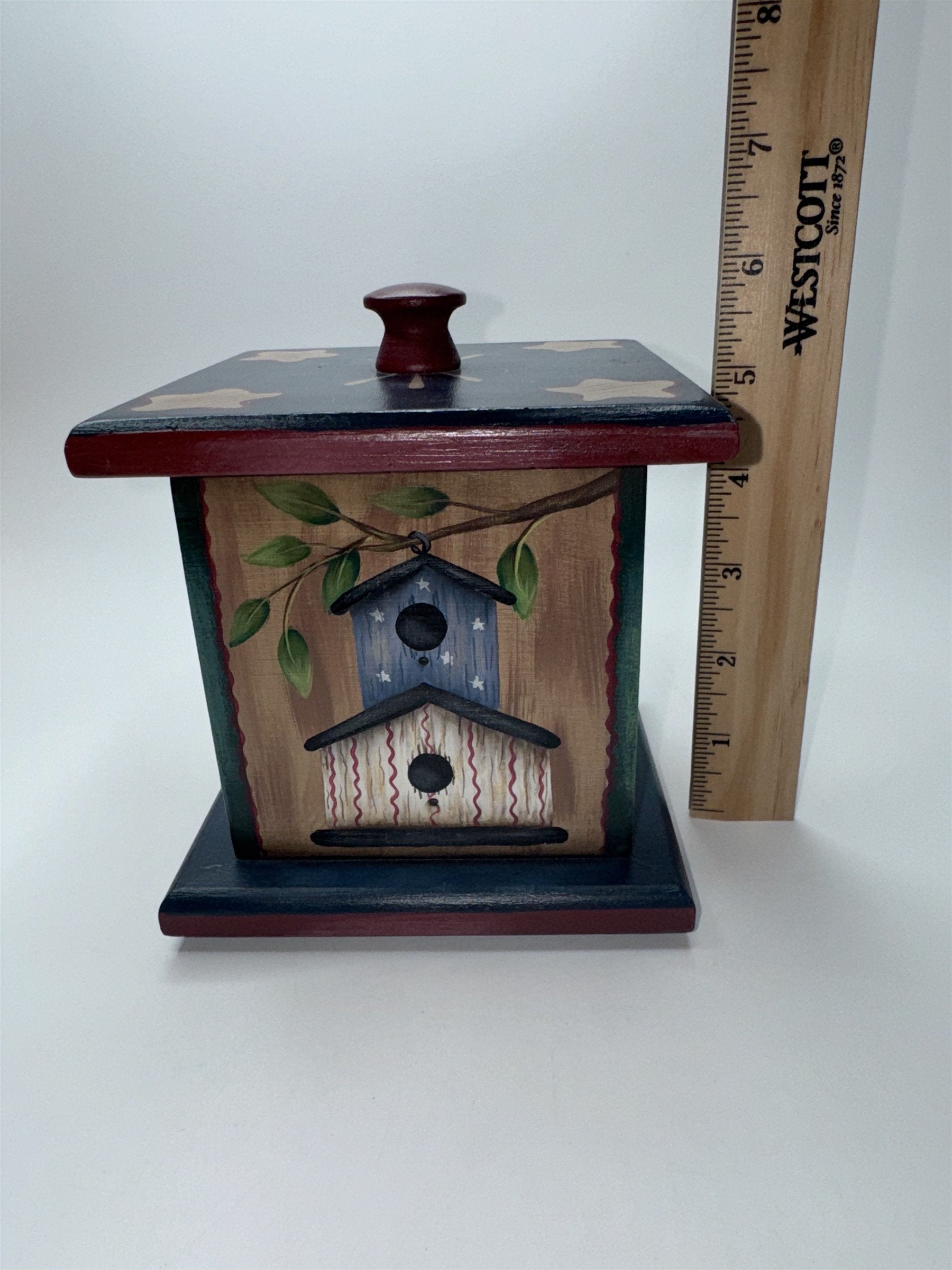 Vintage Wooden Painted Trinket Box With Lid Painted Box with Birdhouses/Stars