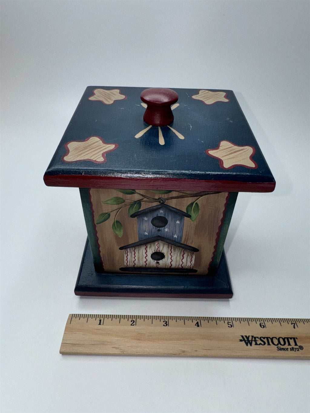 Vintage Wooden Painted Trinket Box With Lid Painted Box with Birdhouses/Stars