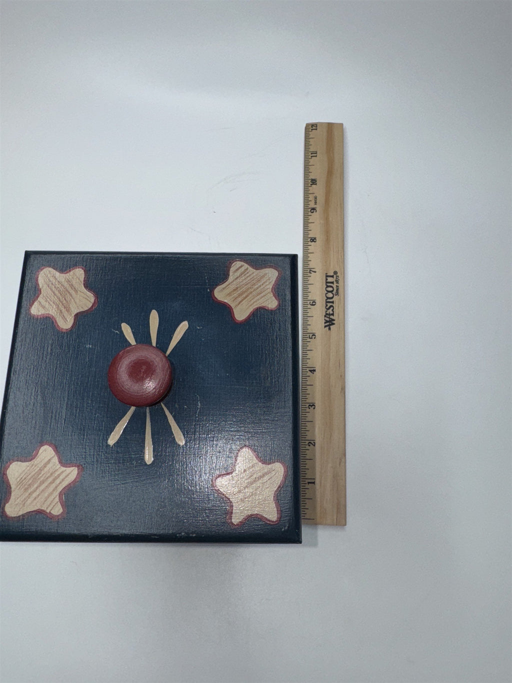 Vintage Wooden Painted Trinket Box With Lid Painted Box with Birdhouses/Stars