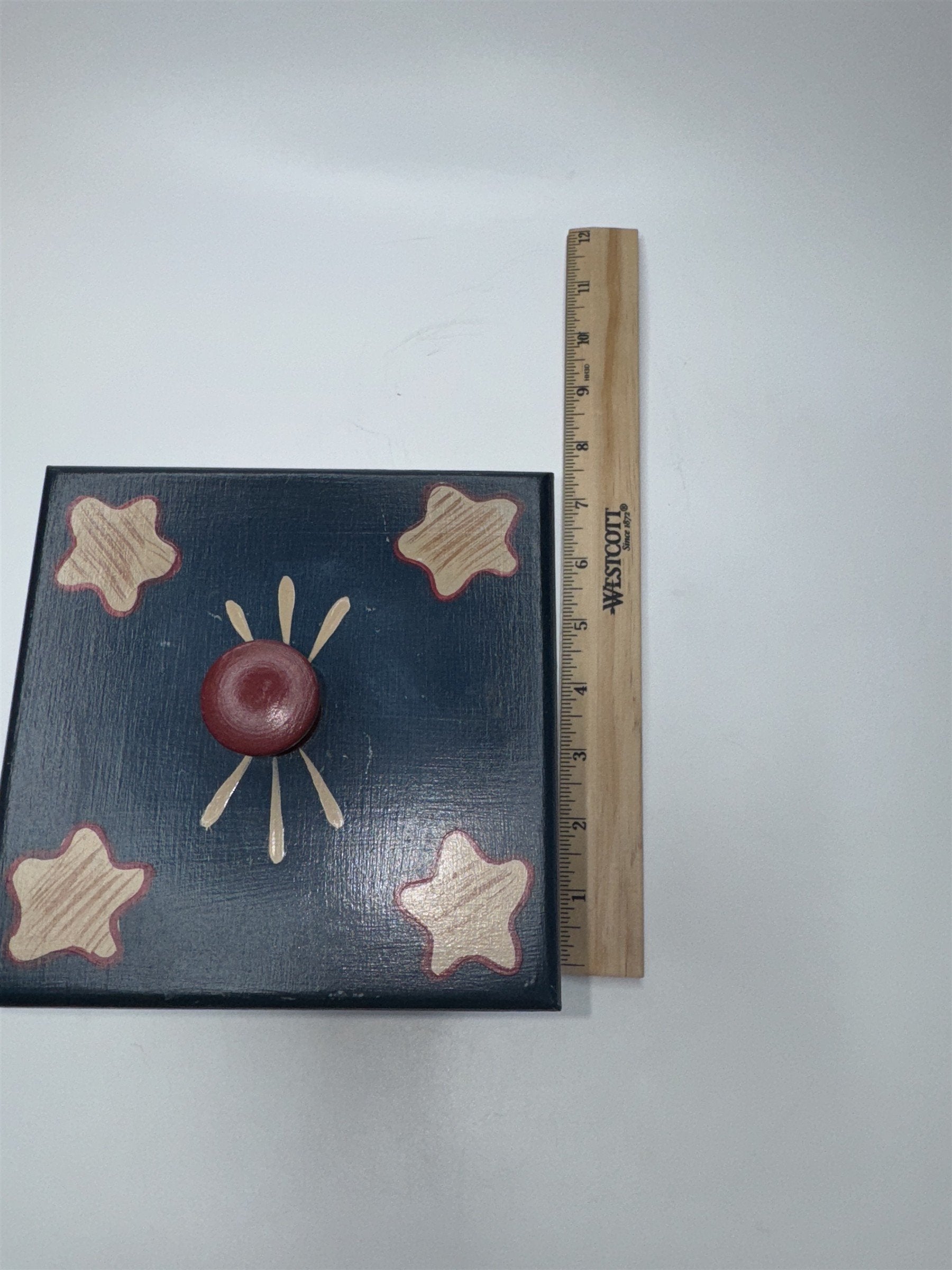 Vintage Wooden Painted Trinket Box With Lid Painted Box with Birdhouses/Stars