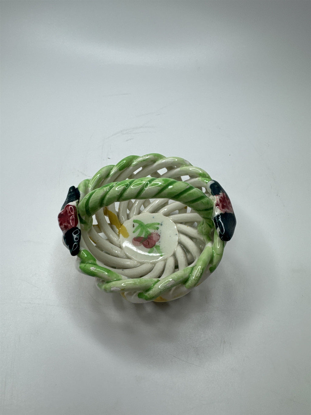 Handpainted Made in Spain Ceramic Woven Clay Basket Birds Flowers Cherries