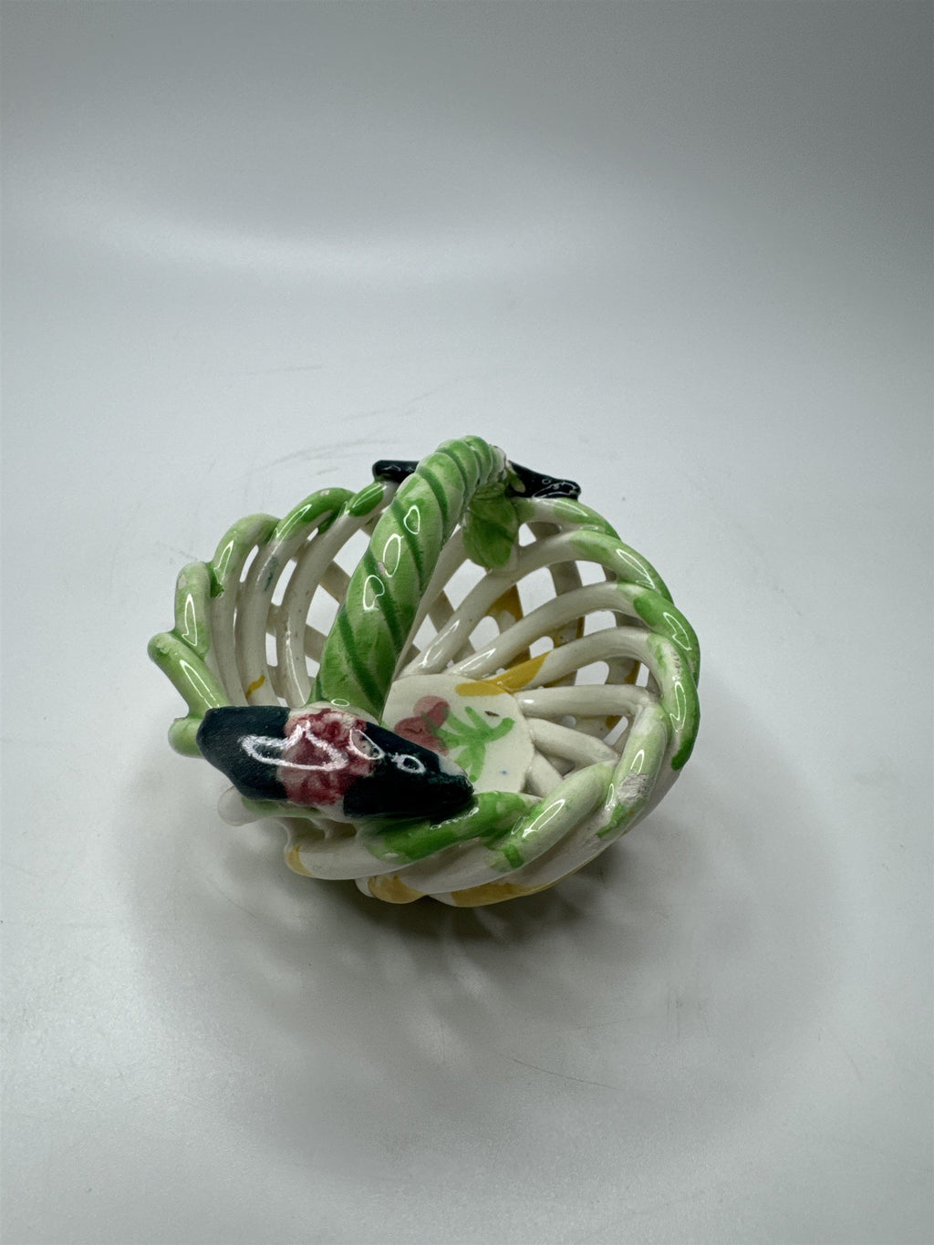 Handpainted Made in Spain Ceramic Woven Clay Basket Birds Flowers Cherries