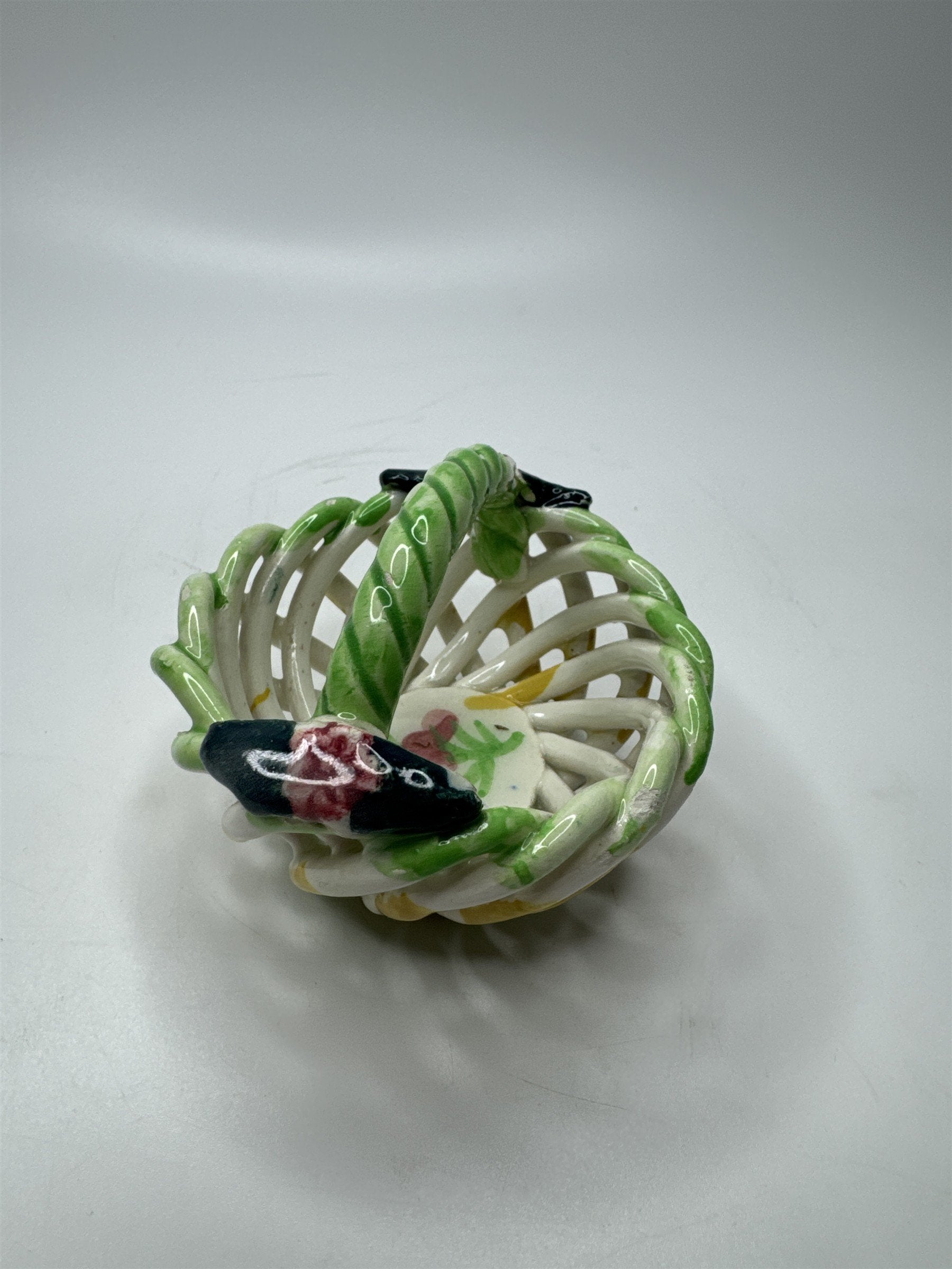 Handpainted Made in Spain Ceramic Woven Clay Basket Birds Flowers Cherries