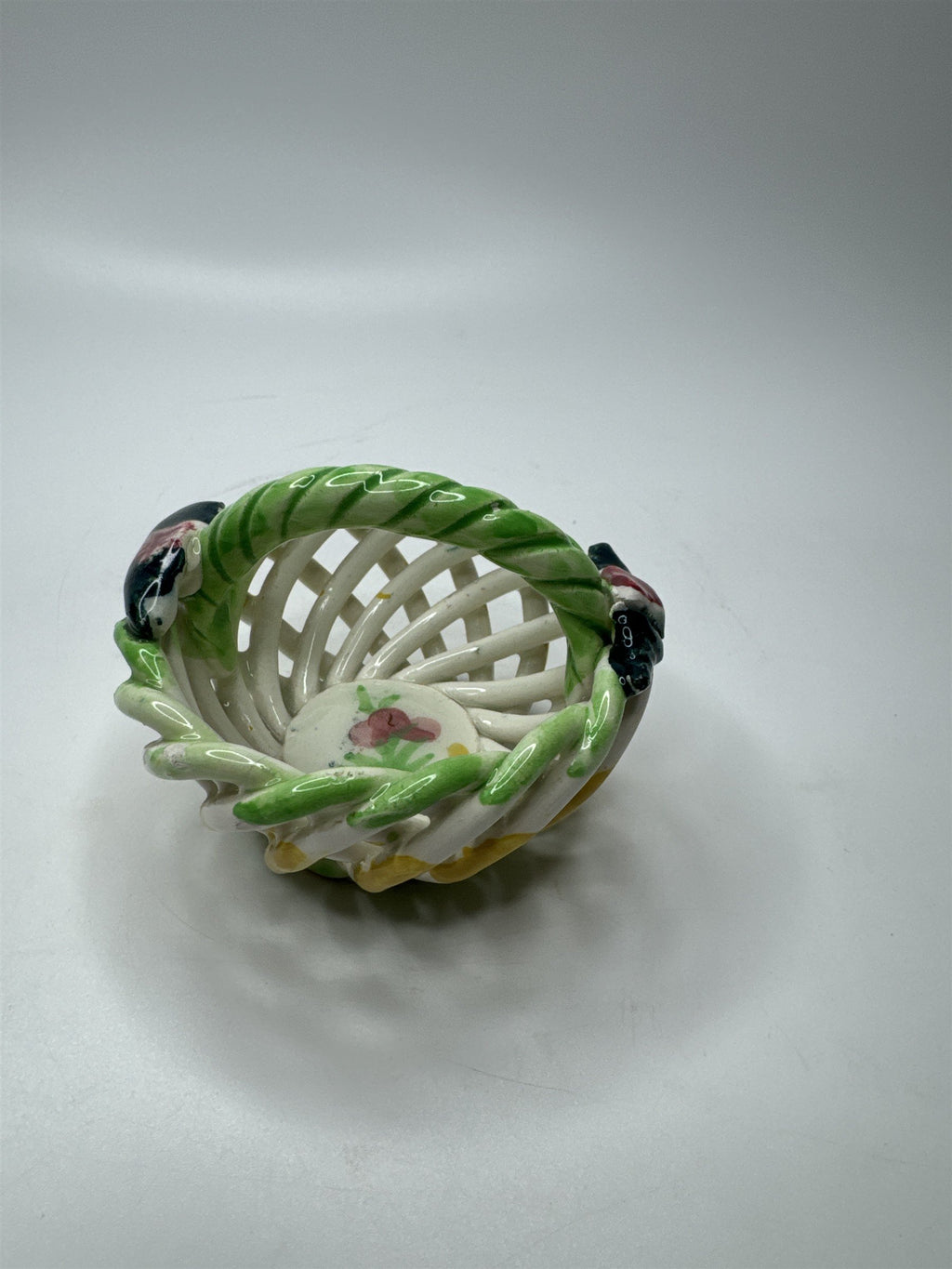 Handpainted Made in Spain Ceramic Woven Clay Basket Birds Flowers Cherries