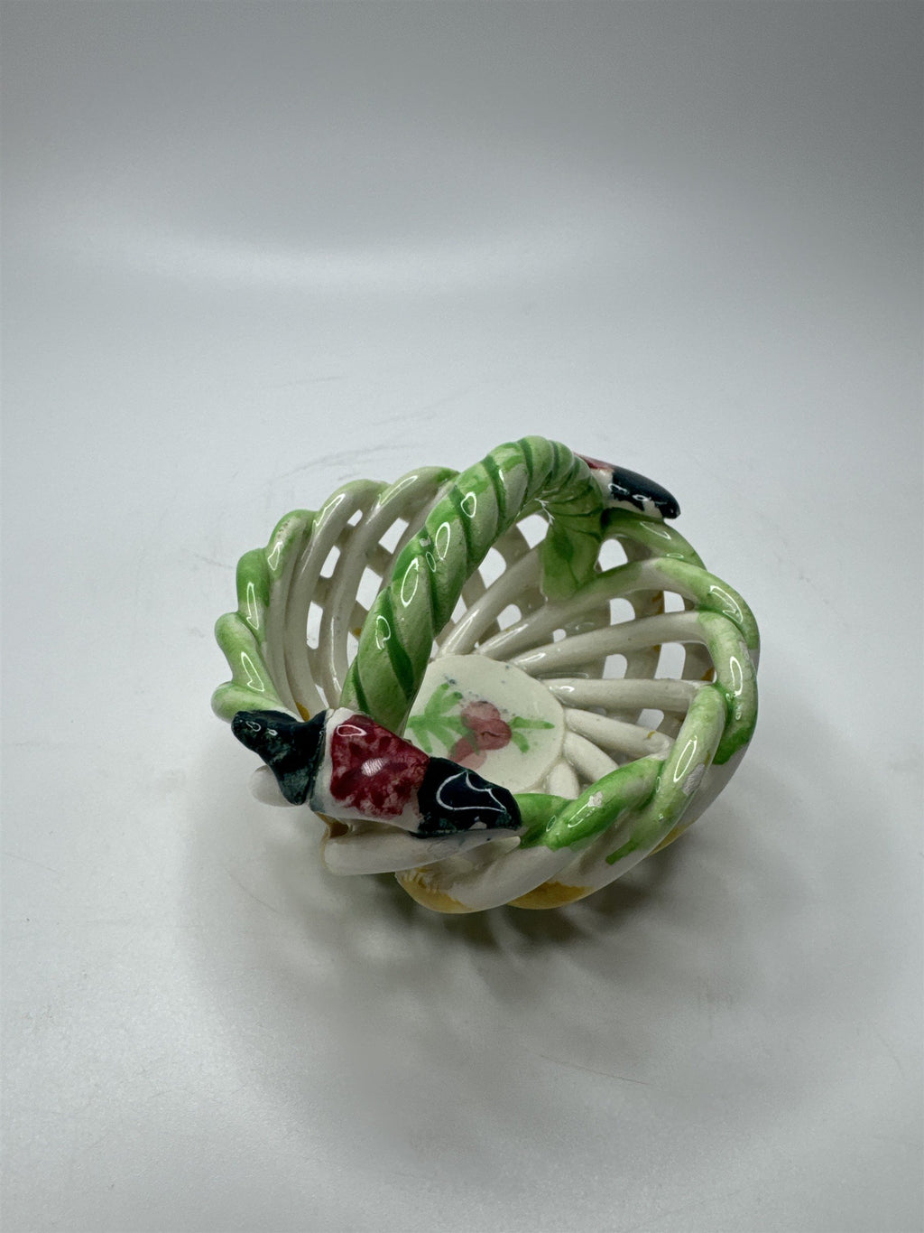 Handpainted Made in Spain Ceramic Woven Clay Basket Birds Flowers Cherries