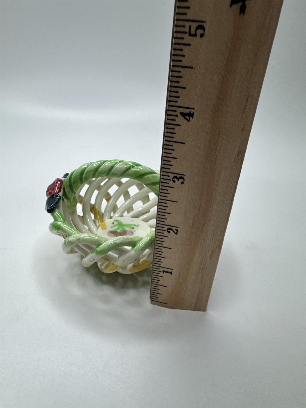Handpainted Made in Spain Ceramic Woven Clay Basket Birds Flowers Cherries