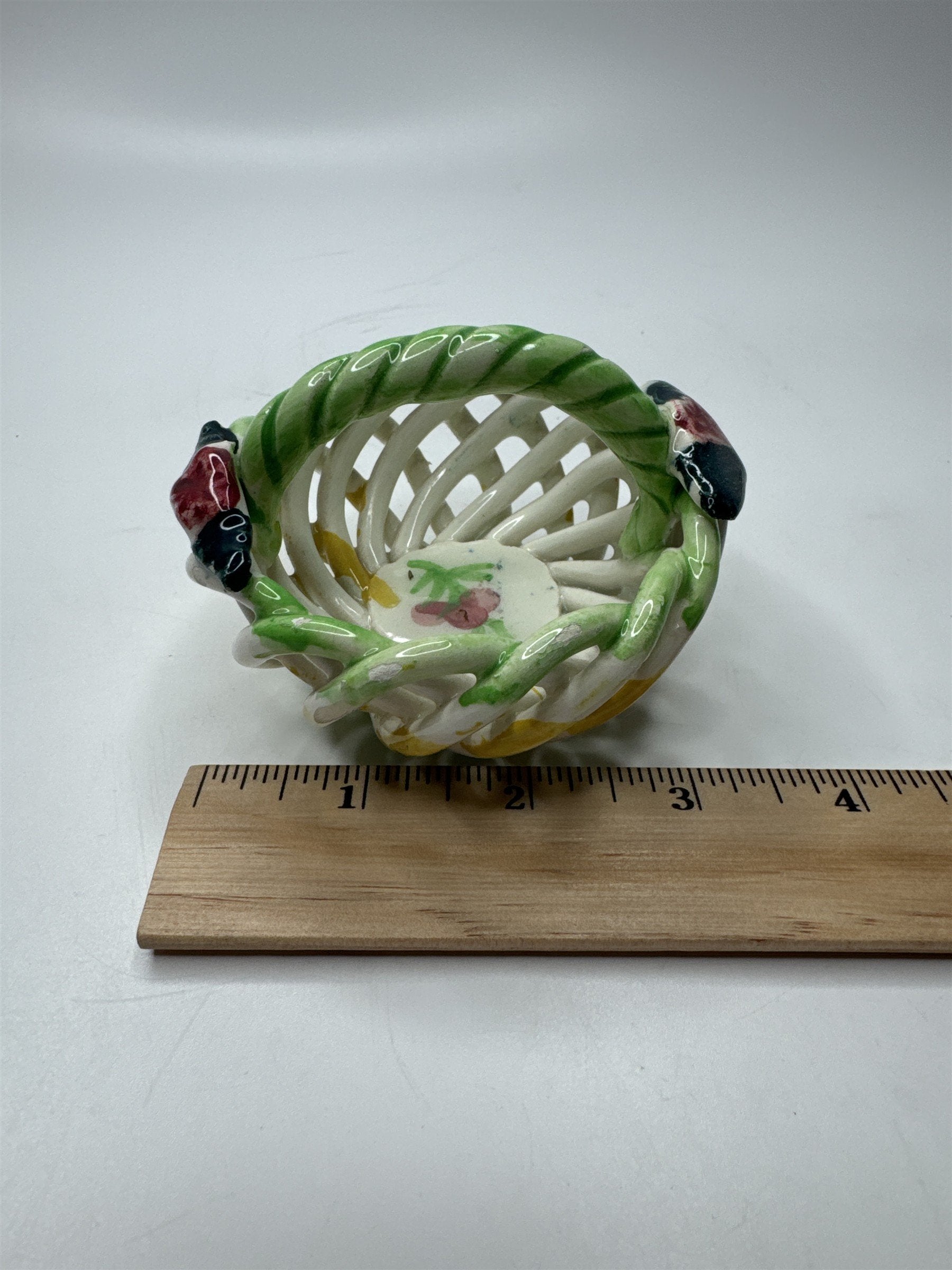 Handpainted Made in Spain Ceramic Woven Clay Basket Birds Flowers Cherries